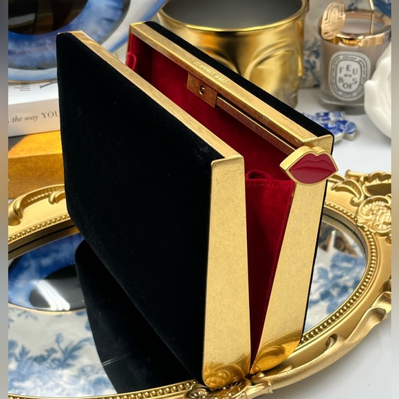 🆕 LULU GUINNESS 🧿 BNWOT Black Velvet Karlie Clutch Bag Lip Closure - Picture 8 of 13